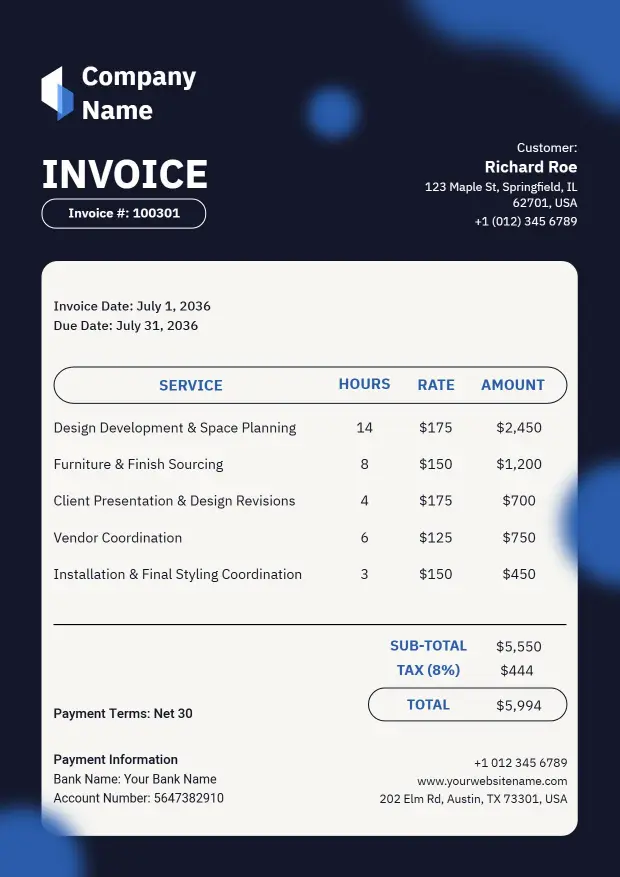 Professional Interior Company Design Service Billing Invoice Template