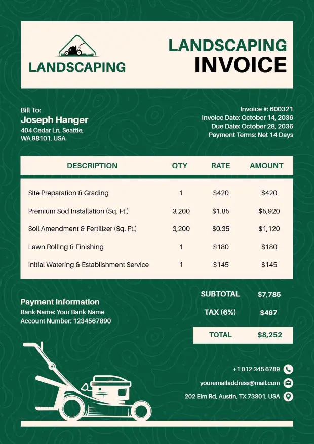 Professional Lawn Care and Maintenance Billing Landscaping Invoice Template