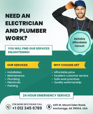 Professional Light Blue Electrician and Plumber Service Poster Template