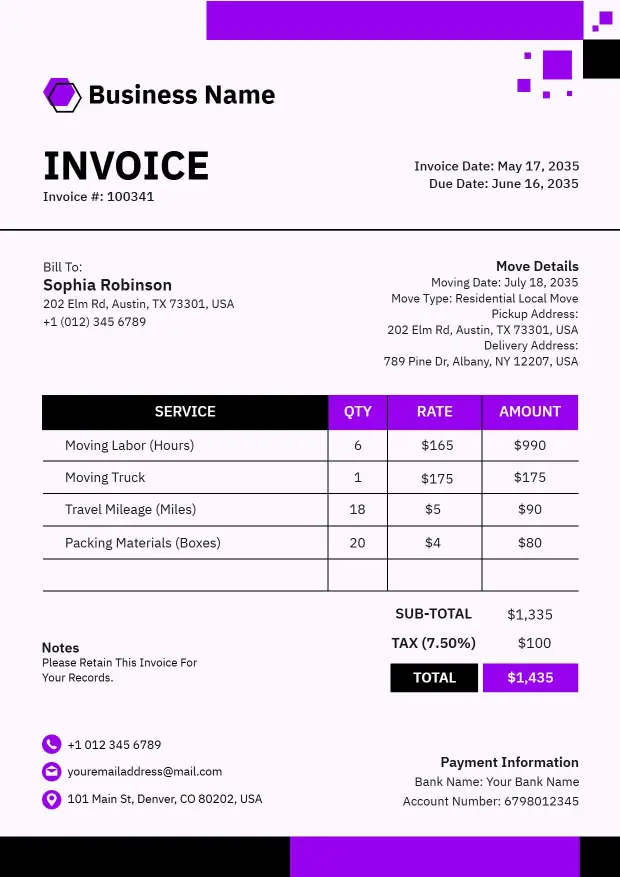 Professional Moving Service Billing with Charges Business Invoice Template