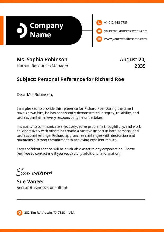 Professional Orange Personal Reference Letterhead Template