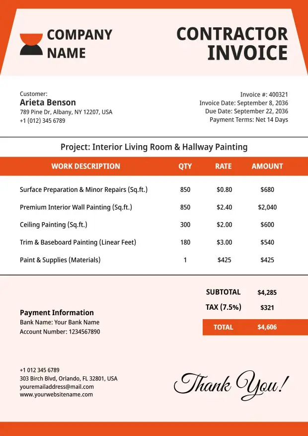 Professional Painting Services Billing Contractor Invoice Template