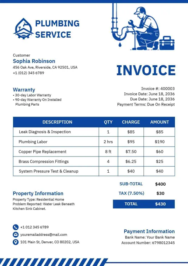 Professional Plumbing Service Costs Invoice Template