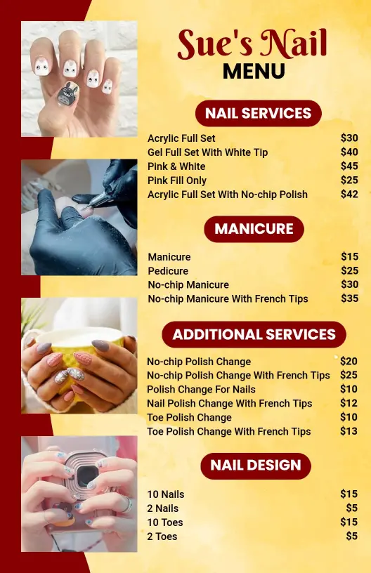 Professional Red and Yellow Nail Spa Service Menu Template