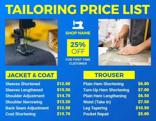 Professional Tailoring and Alterations Price List Template