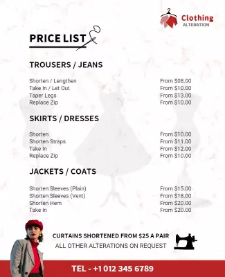 Professional Tailoring Price List for Clothing Alterations Poster Template