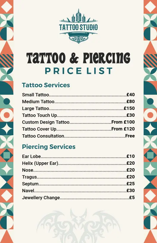 Professional Tattoo Touch Ups and Piercing Price List Template