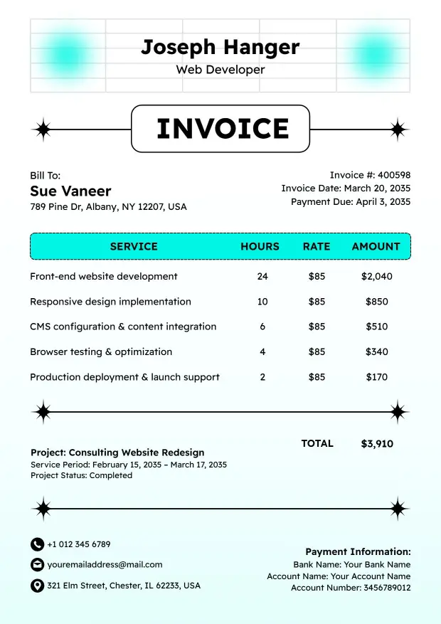 Professional Web Development Service Billing and Costs Freelance Invoice Template