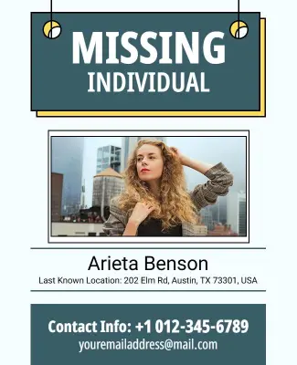 Prominent Missing Individual Notification with Contact Details Poster Template