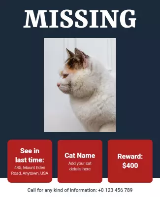 Prominent Missing Pet Alert with Reward Details Poster Template