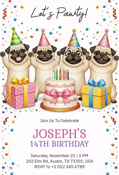 Pug Party Fun Dog Birthday Celebration Invitation Template