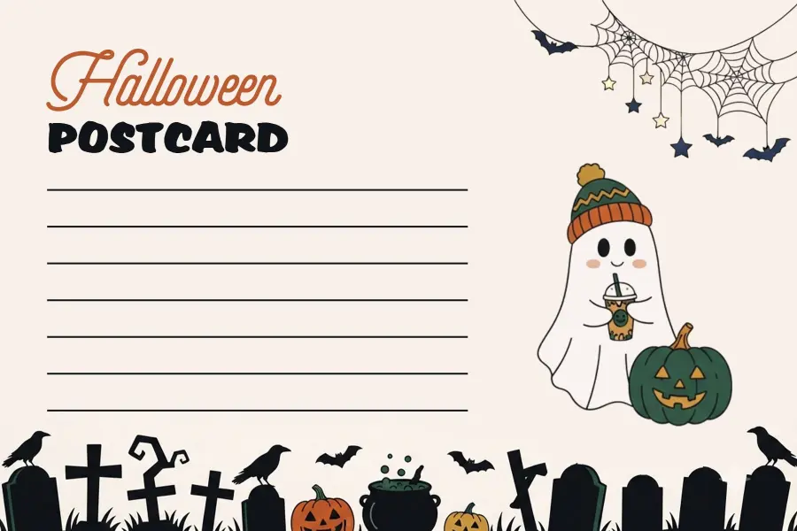 Pumpkin and Ghost Festive Halloween Postcard Template