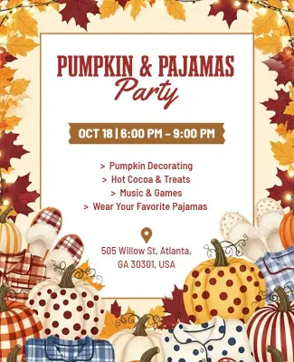 Pumpkin and Pajamas Autumn Party Flyer Template