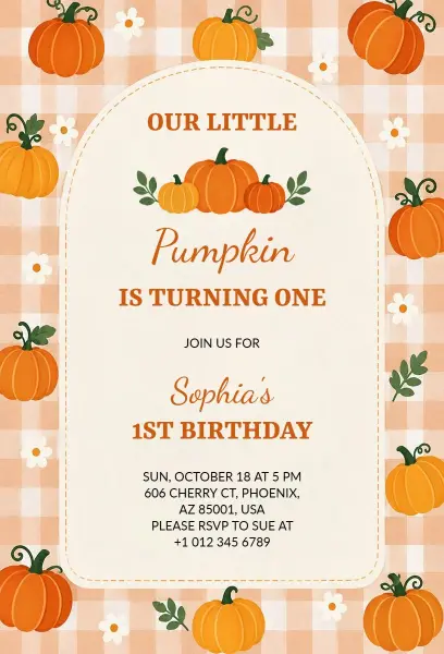 Pumpkin Themed First Birthday Invitation Template