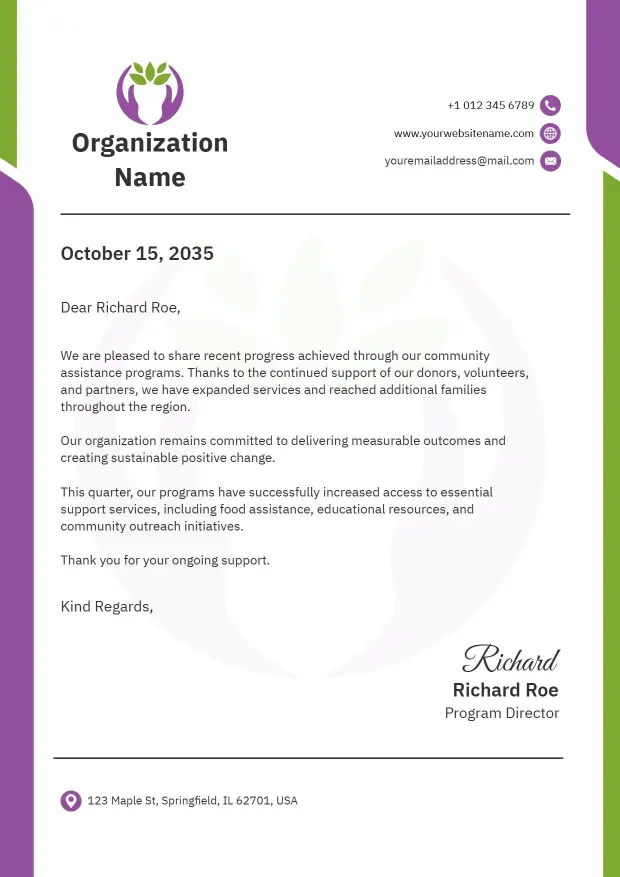 Purple and Green Community Support Non-Profit Letterhead Template
