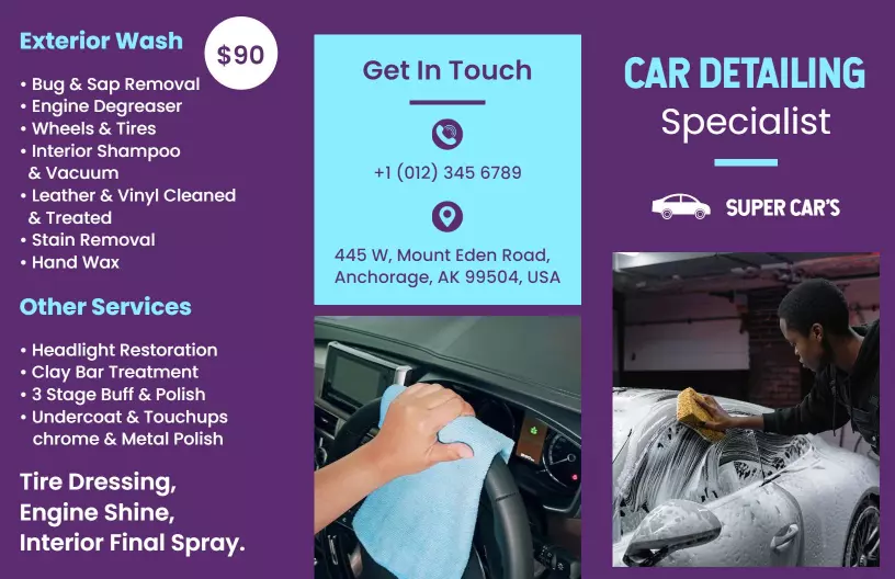 Purple Car Detailing and Exterior Wash Services Brochure Template