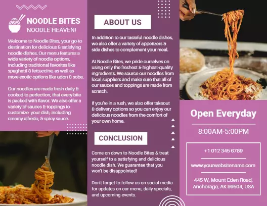 Purple Elegant Noodle Dishes Takeout Menu Brochure Template