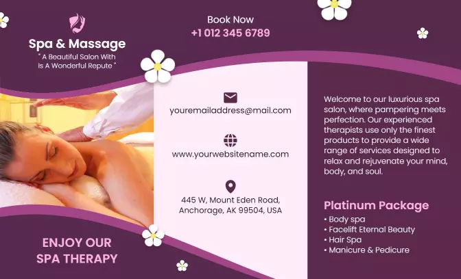 Purple Elegant Spa and Massage Therapy Services Brochure Template