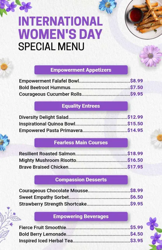 Purple Flower Accents Women's Day Dining Menu Template