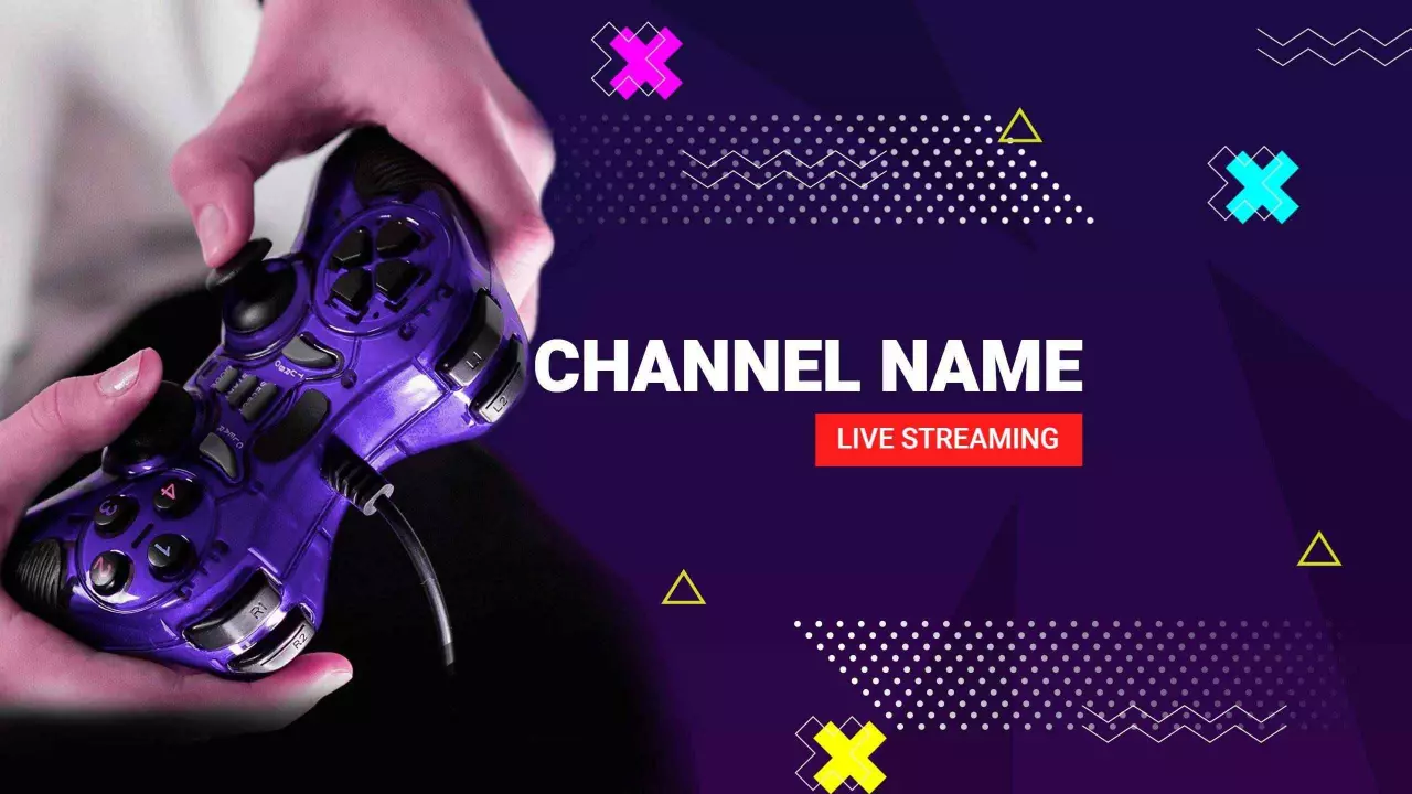 Purple Gaming Controller with Vibrant Geometric Shapes Banner Template