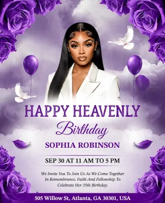 Purple Roses Themed Happy Heavenly Birthday Event Flyer Template