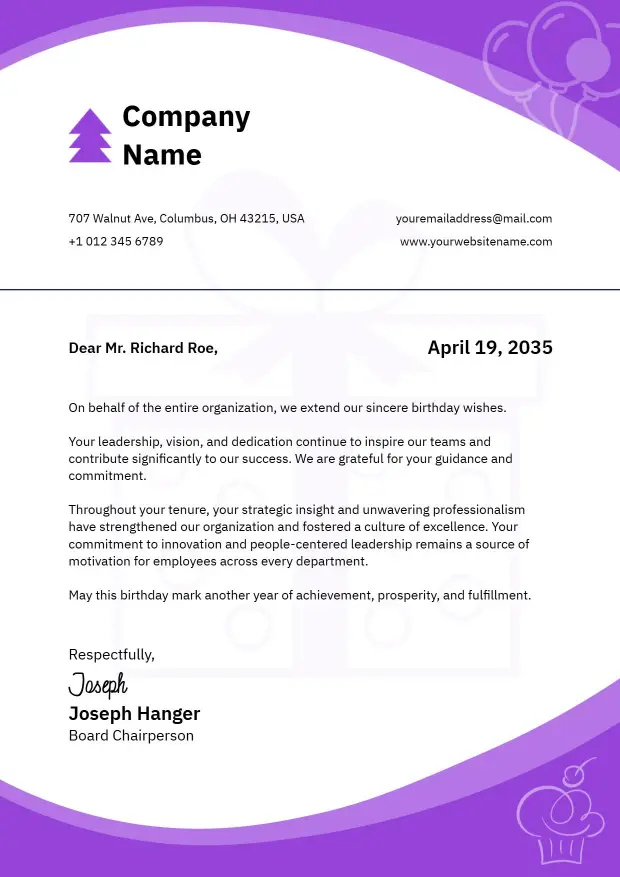 Purple Theme for Elegant Birthday Wishes Letterhead Template