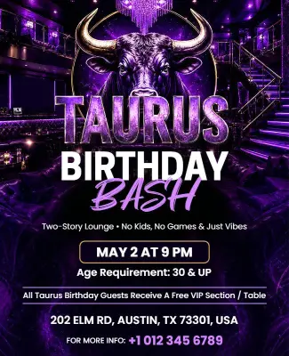 Purple Theme Taurus Birthday Bash Event Flyer Template