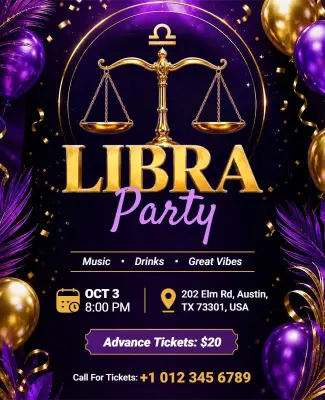 Purple Themed Libra Party Event Flyer Template