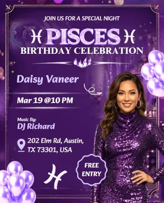 Purple Themed Pisces Birthday Celebration Flyer Template
