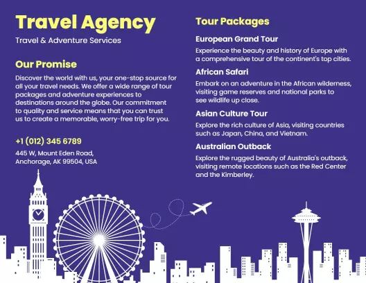 Purple Travel Agency Adventure and Tour Packages Brochure Template
