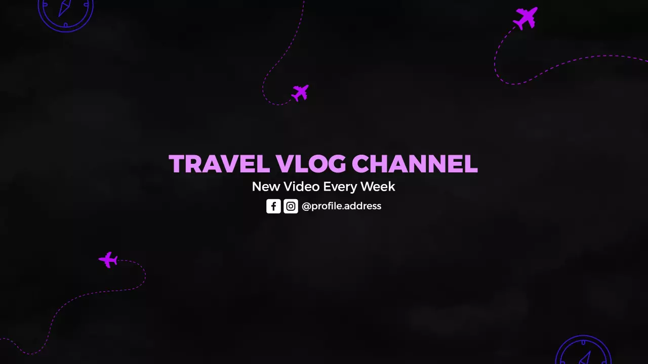 Purple Travel Vlog Channel with Airplane Icons YouTube Banner Template