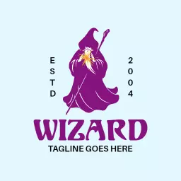 Purple Wizard with Magical Elements and Enchantment Logo Template