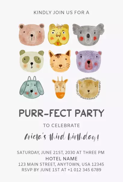 Purr-Fect Animal Theme Birthday Celebration Invitation Template