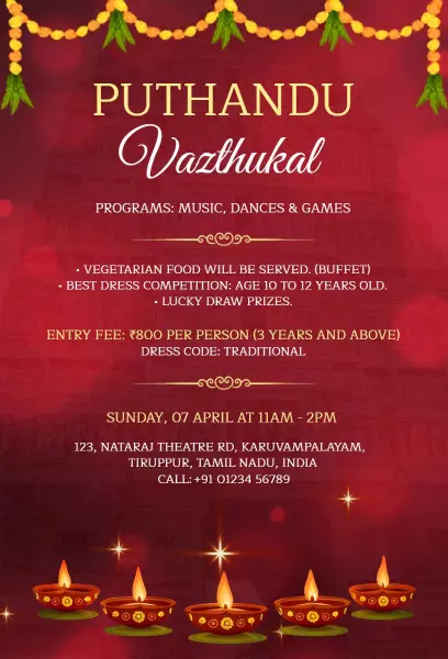 Puthandu Vazthukal Traditional Festival Celebration Invitation Template