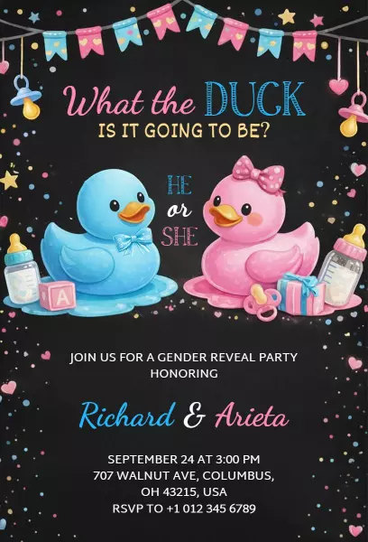 Quacky Duck Theme Fun Gender Reveal Party Invitation Template