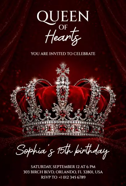 Queen of Hearts Theme Quinceanera Celebration Invitation Template