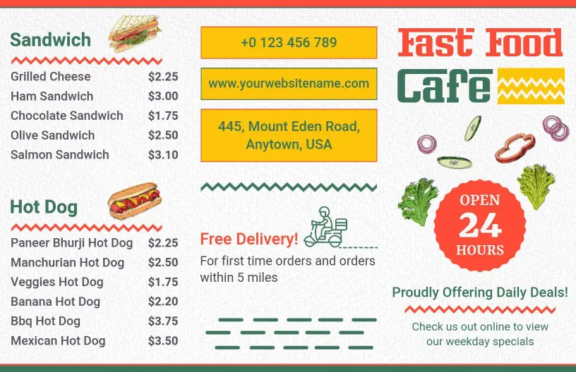 Quick Bites Featuring Sandwiches and Hot Dogs Fast Food Menu Template