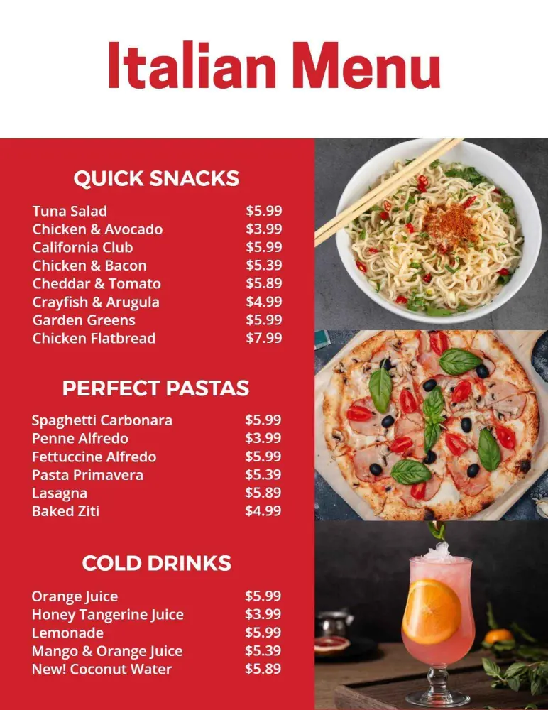 Quick Snacks and Delicious Pasta Selections Italian Menu Template