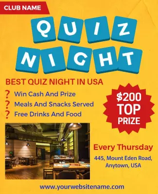 Playful Yellow Quiz Night Celebration with Prizes Flyer Template