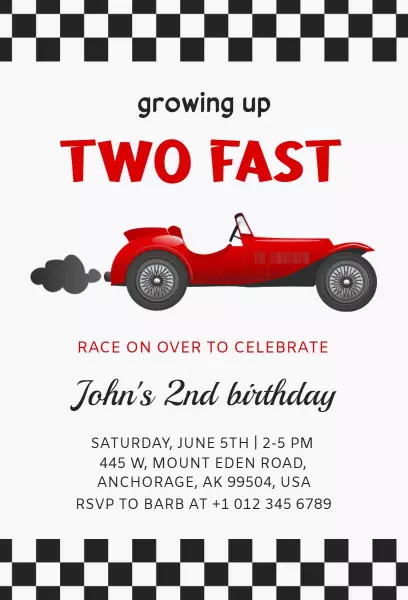 Race Car Adventure Two Fast Birthday Celebration Invitation Template