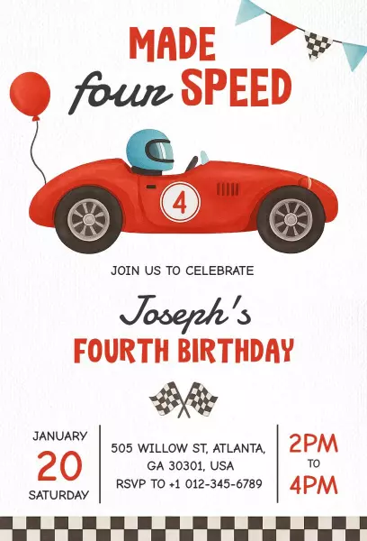 Racecar Theme Speeding into Fourth Birthday Celebration Invitation Template