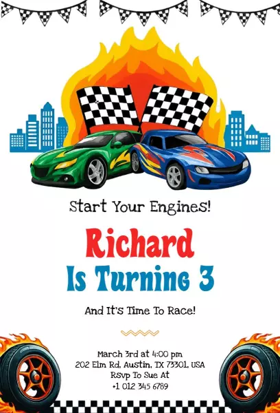 Racing Cars Thrilling 3rd Birthday Celebration Invitation Template