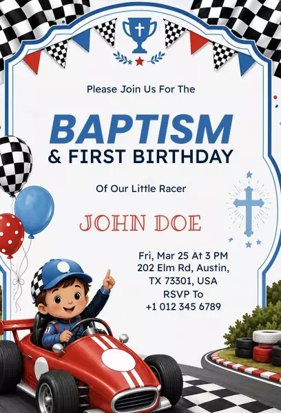 Racing Theme Baptism Little Racer Celebration Invitation Template