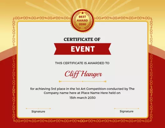 Radiant Gold and Red Art Competition Achievement Certificate Template