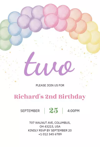 Rainbow Balloon Theme 2nd Birthday Celebration Invitation Template