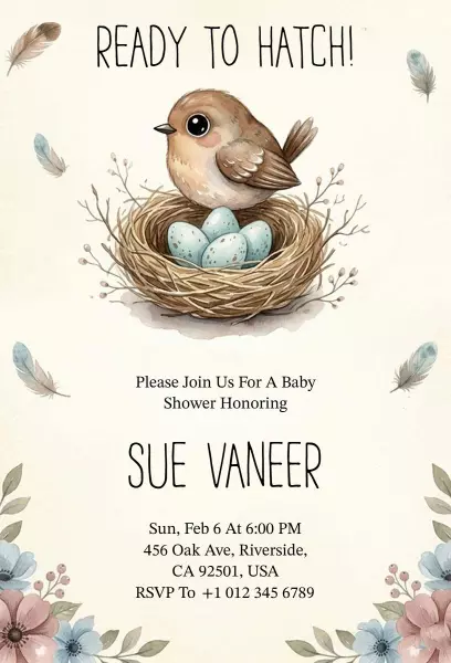 Ready to Hatch Bird Nest Themed Baby Shower Invitation Template