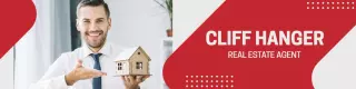 Real Estate Agent Holding Model House on Red Background LinkedIn Banner Template