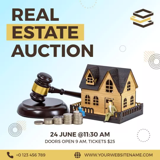 Real Estate Auction with Gavel and House Model Ad Template