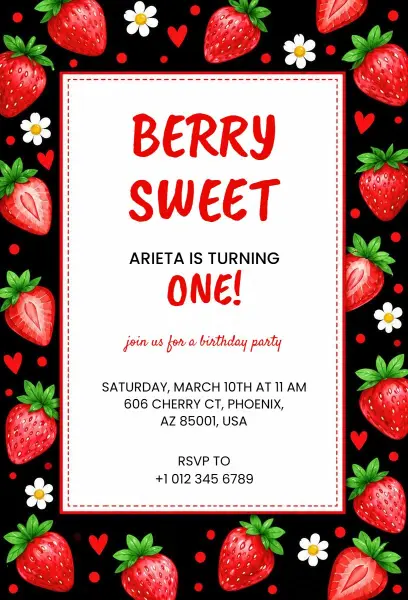 Red and Black Strawberry Birthday Invitation Template