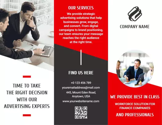 Red and Black Tri Fold Advertising Solutions Brochure Template